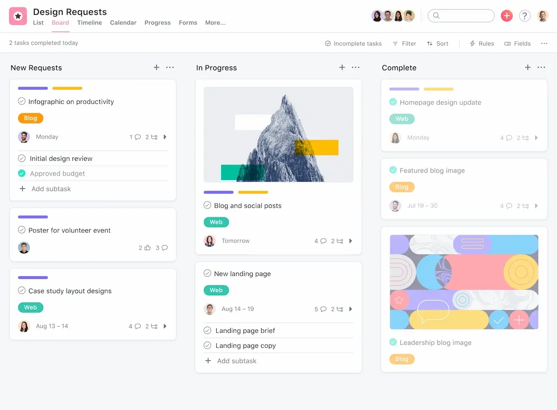 Asana tasks kanban view columns dashboard